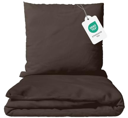 Class Home Collection Bettwäsche 155x220 Baumwolle – 2-teiliges Bettwäsche-Set mit Reißverschluss, Bettbezug + Kissenbezug 80x80 cm, Ganzjahres-Bettwäsche, Uni Braun