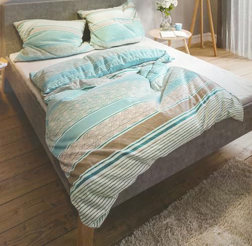 Leonado Vicenti Bettwäsche 155 x 220 cm Mikrofaser Velours Set, Kuschelig & Warm, 4 teilig, Streifen-Design in Grau Petrol Türkis, Mit Verdecktem Reißverschluss, Gestreift, Pflegeleicht