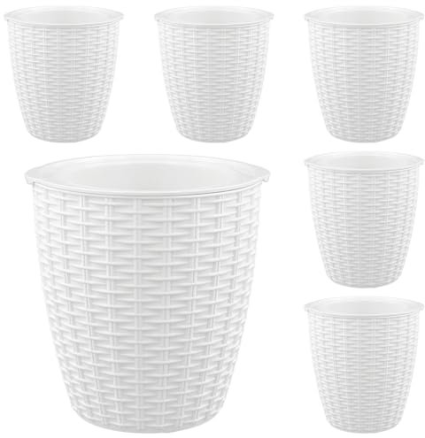 HEIYUET Lot de 6 Pièces Pot de Fleur Blanc de 14 cm en Plastique, Auto-arrosage, Aspect rotin, Convient aux Jardins, Balcon, pour l'intérieur et l'extérieur