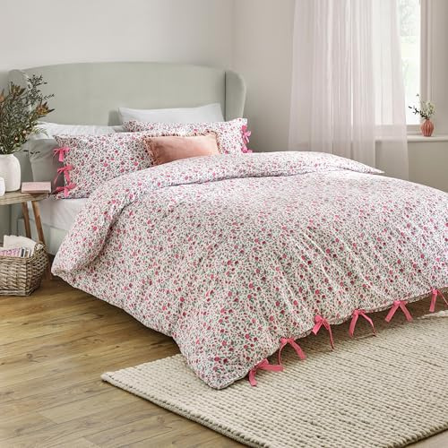 furn. Wylder Hannah Duvet Cover Set – 100% Tumbled Cotton Floral Bedding with Bow Closures (Pink - King)