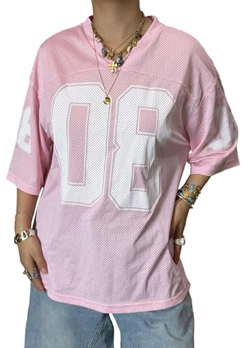 Damen Y2K Basketball-Trikot, Nummer, Grafik, V-Ausschnitt, kurze Ärmel, übergroßes T-Shirt, lockere Passform, Blokecore ästhetische Kleidung, Rosa a, S