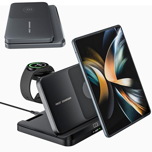 for Samsung Galaxy Z Fold 7 6 5 4 Wireless Charger Station, 3 in 1 Foldable Wireless Charging Stand Fast Charging Dock for Galaxy Z Flip 7 6 5 4 / Galaxy S25/S25 Ultra/Galaxy Watch/Galaxy Buds
