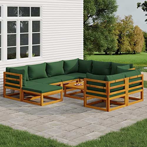 Qnhdfrt Salon de jardin en bois massif d'acacia avec coussins verts - 10 pièces - Canapé d'angle et partie centrale - Avec table et repose-pieds - Pour terrasse, jardin et balcon