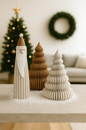 Packung mit 3 modernen Weihnachtsfiguren – Weihnachtsmann und minimalistische Bäume 3D – skandinavische Ornamente für die Weihnachtsdekoration zu Hause – nordischer Stil in neutralen Farben