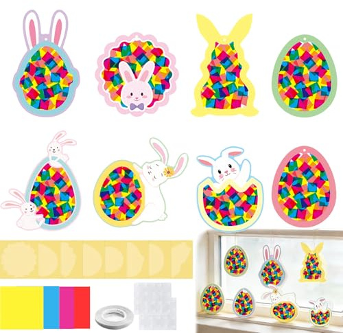 DONGZQAN 24 Stück Oster Fensterdeko DIY Set, Fensterbilder mit Buntglas-Effekt, Frühlingsdeko zum Aufhängen, Osterhasen und Ostereier Dekoration