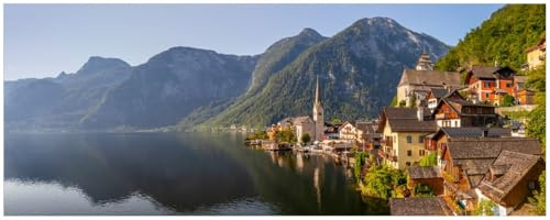 Wallario Küchenrückwand selbstklebend 115 x 50 cm, Motiv: Malerisches Dorf an Bergsee | Spritzschutz abwischbar & pflegeleicht