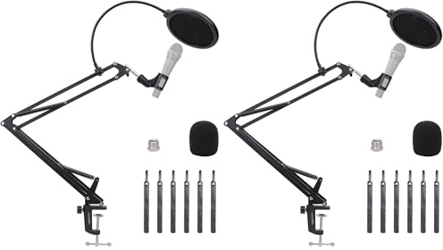 Amazon Basics Adjustable Microphone Arm Stand with Pop Filter and Foam Windscreen, Table Mounting Clamp, 360° Rotation, Compatible with Blue Yeti, Snowball, HyperX, 14-Inch (35.5 cm), Black