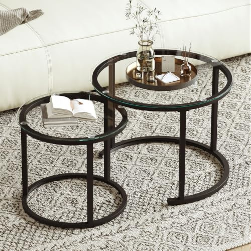 Hawthyhome Runde Beistelltisch 2er Set, Moderner Wohnzimmertisch, Couchtische Set Satztische für Wohnzimmer, Nesting Sofatisch mit Schwarzem Metallgestell, Klarglas