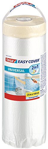 Tesa Easy Cover Film Universale - Telo Copritutto per Pittura 2 in 1 con Biadesivo in Carta - 25 m x 140 cm