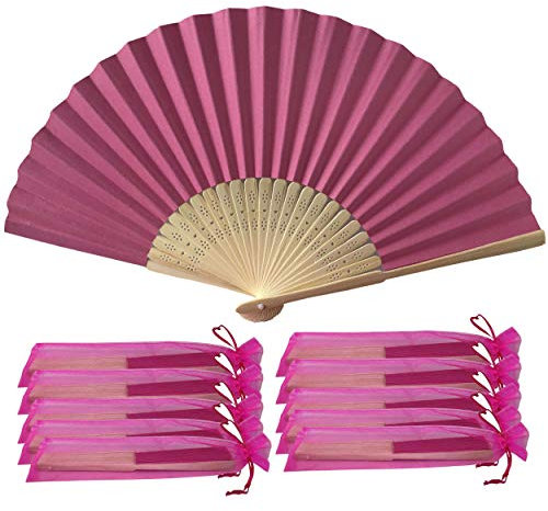 Dark Pink Hand Fans, Pack of 10 Wholesale Paper Hand Fan with Bamboo Ribs Wedding Party Favour Church Gifts PHF13