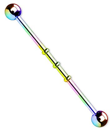 Paula & Fritz® Industrial Ohr-Piercing Stab 3 Ringe Chirurgenstahl 38mm Stab-länge 1.6 mm Stab-Dicke Bunt Barbell