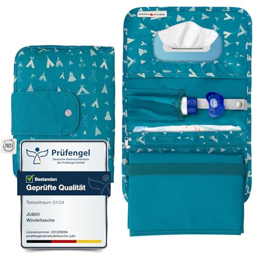 Jubi® Windeltasche mit Wickelunterlage für unterwegs mit extra viel Platz - Kleine Wickeltasche - Grün mit Tipis…