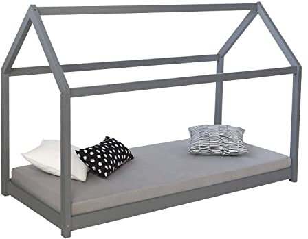 Homestyle4u 1970, Hausbett 160x80 cm Kinderbett mit Lattenrost Montessori Bett Bodenbett Grau Holz Kiefer