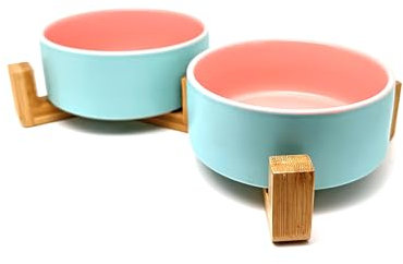 Premium Ceramic Pet Bowls with Stylish Non-Slip Wood Stand for Cats, Small Dogs and Small Pets Food and Water Feeder - Set of 2 (Baby Blue/Pink)