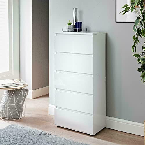 spot on dealz® White Chest of Drawers Bedroom 5 Drawer Modern Slim Side Storage Display Cabinets Bedside table Nightstand large Cabinet furniture