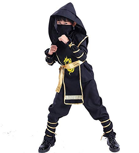 Amycute Deguisement Ninja Fille Garcon Cosplay Anime Costume Ninja Enfant Dragon Or Noir Capuche Masque Fete Carnaval Ceinture Bandeau Manga Halloween Fete Halloween (Sans Sabre)