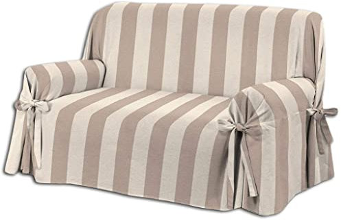 HomeLife - Sofabezug für 2-Sitzer, Baumwolle mit Bindebändern, 2-Sitzer-Sofaüberwurf mit Armlehnen, Beige gestreiftes Sofaüberwurf zum Schutz vor Staub, Flecken und Abnutzung