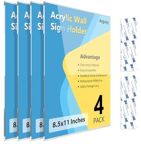 Acrylic Sign Holder 8.5 x 11 Wall Mount Vertical, No Drilling, 4 Pack