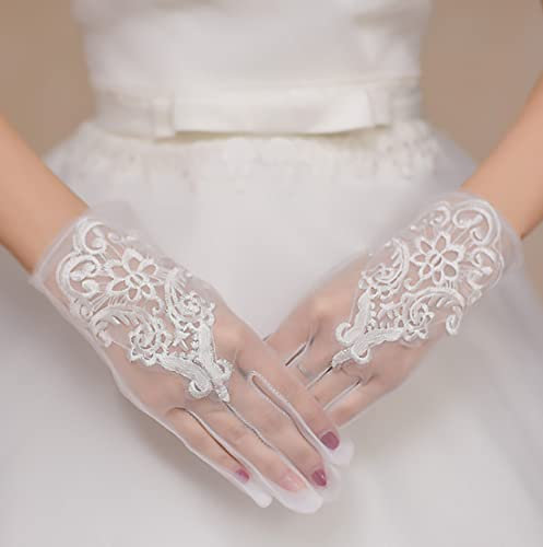 SINLOV Hochzeits-Spitzen-Bankett-Handschuhe, weiße Tüll-Party-Handschuhe, kurze Blumen-Brauthandschuhe, Handgelenk-Handschuhe für Party, Tanz, Hochzeit