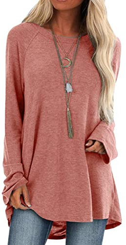 Minetom Chemise Femme T-Shirt à Manches Longues Sweatshirt Long Pull Tunique Chic Mode Chemise Haut Élégant Mini Robe Col Rond/Col en V Longshirt Oversize Tops C Rose L