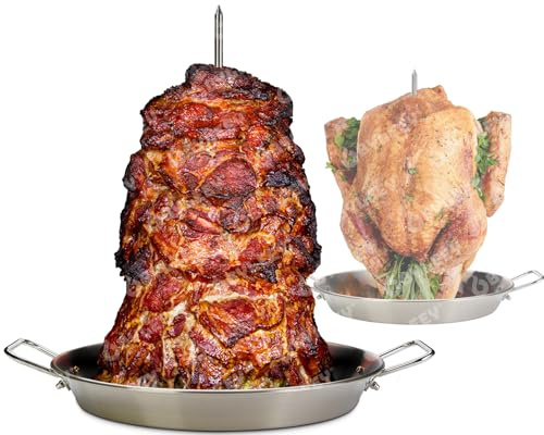 Tacos Al Pastor Skewers for Grilling, BBQ Gyro Meat Stand - Vertical Skewer Rotisserie Kit Includes 7 Stainless Stick, 4 Extension Spikes and 10.5 Roaster Pan. Kebob Maker for Shawarma, Kebabs