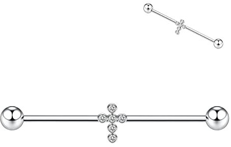 AROWRO Industrial Barbell Chirurgenstahl 14G Industrie Stab Piercing Kreuz Industrie Ohrringe Silber Industrial Barbell Würfel Zirkon Knorpel Körper Piercing Schmuck 1 1/2 Zoll 38mm