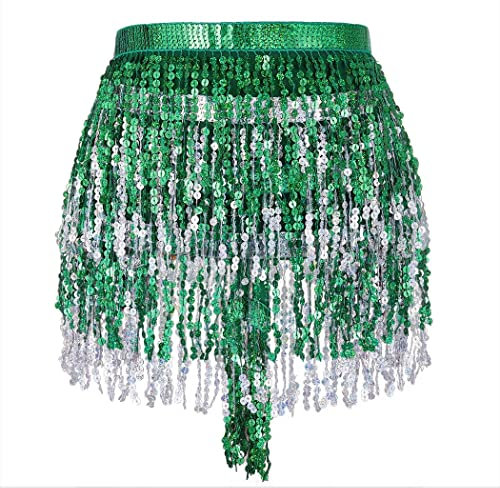 Zookey Pailletten Quasten Rock Rave Fransenrock Rock für Bauchtanz Hüftschal Glitzer Fransen Rock Festival Outfit für Frauen und Mädchen