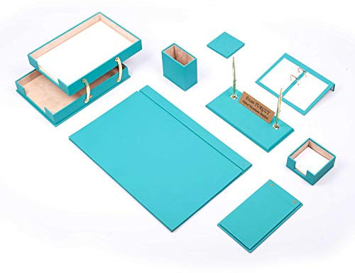 Schreibtisch-Set aus Leder – Schreibtisch-Organizer-Set – Büro-Schreibtischunterlagen-Zubehör – 10 Schreibtisch-Aufbewahrung (Turquoise)