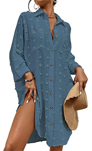 Bsubseach Swimsuit Coverup for Women Bathing Suit Blouse Button Down Shirt Dresses Swiss Dot Grey Blue