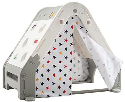 COSTWAY Kids Playhouse, 6 in 1 Children Play Tent with Curtain, Climbing Wall, White Board, Basketball Hoop, Toddler Activity Play Set for Boys Girls