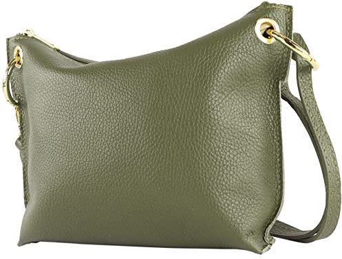 modamoda de - T243 - ital. Umhängetasche Klein Small aus Leder, Farbe:Olivgrün