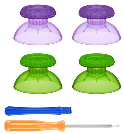 eXtremeRate 2 Paar Thumbsticks kompatibel mit ps5 & mit ps4 Controller, 4pcs Ersatz-Sticks & Tools, Texturiert Analogsticks Joystick Aufsätze für ps5 für ps4 pro Slim Controller–Clear Lila&Clear Grün