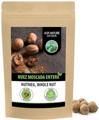 Alpi Nature Nuez Moscada Entera 10 pzas., Nuez Moscada para Hornear, Vino Caliente y Ponche de Huevo