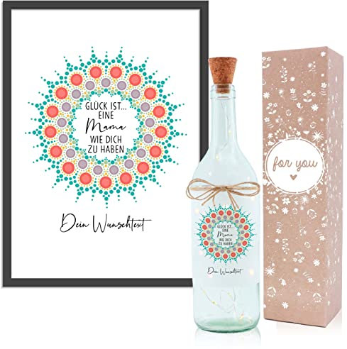 OWLBOOK Glück ist Mama Mandala Geschenkset Flaschenlicht und Bild Geschenke für Mama Muttertagsgeschenke Geburtstagsgeschenk Weihnachtsgeschenke für Mama Geschenk Geburtstag Muttertag Weihnachten