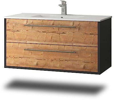 Stil.Zeit Evelia Badmöbel inkl. Waschbecken | Waschtisch mit Unterschrank 100.5 cm | Anthrazit/Dekor Silberfichte| Metallgriffe/hängend