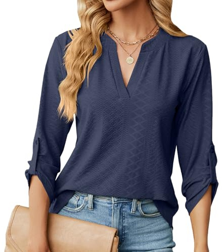 Chemisier élégant à Col en V pour Femme Chic Chemisier Ample à Manches Enroulables à 3/4 Manches Longues Lâches Hauts Tuniques de Base T-Shirt Blouses(S-XXL)