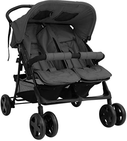 Hommdiy Geschwisterwagen mit Frontstoßstange Korb Zusammenklappbar Verstellbar Kinderwagen Zwillingswagen Zwillingsbuggy Stahl Buggy Grau