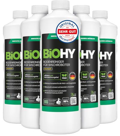 BiOHY Nettoyant de sol pour robot aspirateur laveur (6 x 1 litre), liquide | Produit, détergent et solution de lavage pour stations. Dosage 1:200, faible mousse, séchage rapide. Carrelage, parquet, PVC.