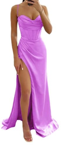 Vestidos de dama de honor con tirantes delgados con abertura para mujer, vestidos largos y modestos de satén con corsé de satén con pliegues, Lila, 44