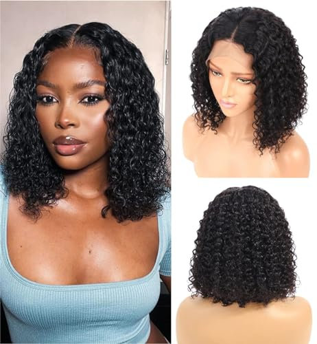 Perruque Cheveux Humain 13×4 Lace Wig Human Hair Perruque Femme Naturelle Brésilien Bouclée Courte Deep Curly Bob Perruque Bresilienne Cheveux Humain 150% Density Couleur Naturelle 8 Pouces(20cm)