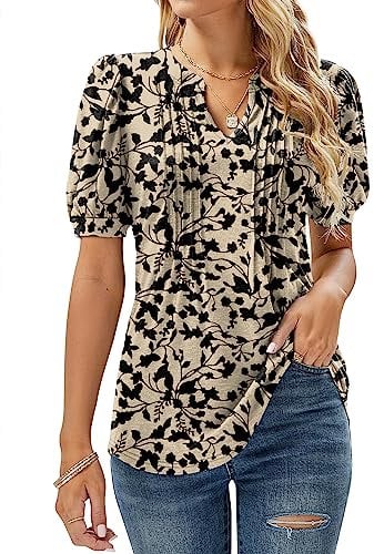 EFFAN Womens Tunic Tops Short Sleeve Summer T Shirts Ladies Blouses Floral Printed Fashion Top Floral_Apricot M (UK 12-14)