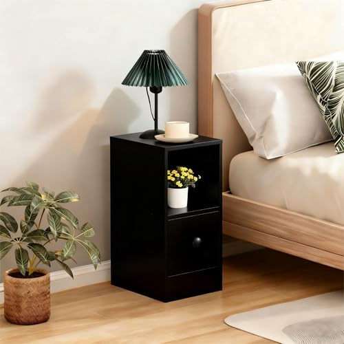 Sanery Slim Bedside Cabinet, Narrow Nightstand Side Table, Bedside Table with Drawer & Open Shelf for Bedroom, Living Room Sofa Side End Table (Black)
