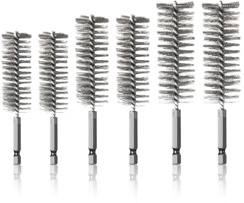 ColumPRO 6PCS 304 Stainless Steel Bore Brush Copper Pipe Cleaner, Twisted Wire Drill Brush,1/4 Inch Hex Shank S2 Steel Handle, for Power Drill Plumbing Tools,4-3/4”,7-1/2”,9-3/4”,12mm, 19mm, 25mm