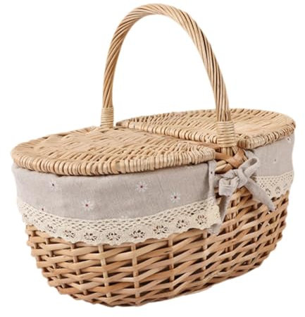 perfk Cesta de Mimbre para Picnic, Cesta de Almacenamiento con Tapa y asa, contenedor rústico, Cesta Tejida de Mimbre para Exteriores, Fiestas en la Playa, Gris Beige, pequeño