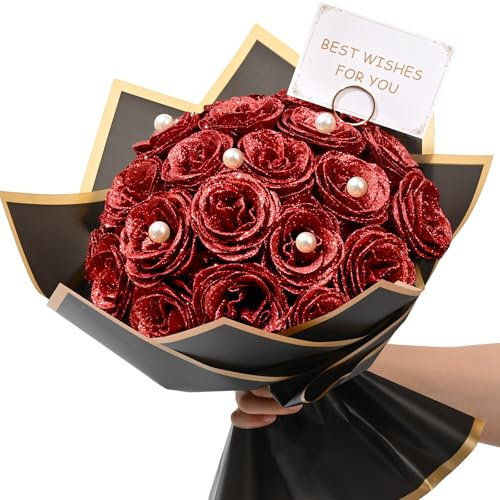 Waipfaru Roter Glitzer-Rosenstrauß, DIY Kunstblumenstrauß, ewiger glänzender künstlicher Rosenstrauß für Valentinstag, Jahrestag, Verlobung, Hochzeit, 24 Rosen