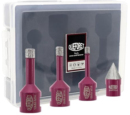 QUEFORET Brocas de Diamante 4 Piezas - 3 Piezas 6/8/10mm x M14 Corona, 1 Pieza 20mm Broca de Chaflán para Porcelánico Azulejos Cerámica Mármol Granito