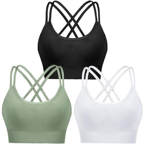 Leversic Sport BH Push up Cross Back Design Bustier Damen mit Gepolstert Ohne Bügel Damen-BHS mittelstarkem für Fitness Lauf Joggen, 3pcs-Schwarz+Weiß+Grün, M