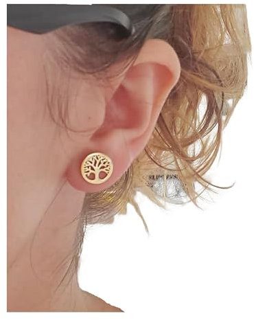 Boucles d'oreilles arbre de vie acier inoxydable or/argent petites boucles d'oreilles clou puces pour femme fait main cadeau anniversaire, noel, fête des mères (Or)