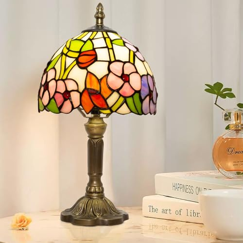 Ppbmocw Small Tiffany Style Lamp, Stained Glass Table Lamp for Living Room, Bedside, Reading, 8 inch Vintage Mini Desk Light Included 3 Color Temperatures E27 Bulb (Four Leaf Flower)