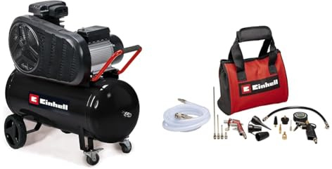 Einhell Kompressor TE-AC 430/50/10 (3000 W, max. 10 bar, 50 L Tank, 430 l/min Ansaugleistung, Motordrehzahl 2850 min^-1, Druckminderer, Manometer, 15-tlg. Druckluftset m. Tasche)